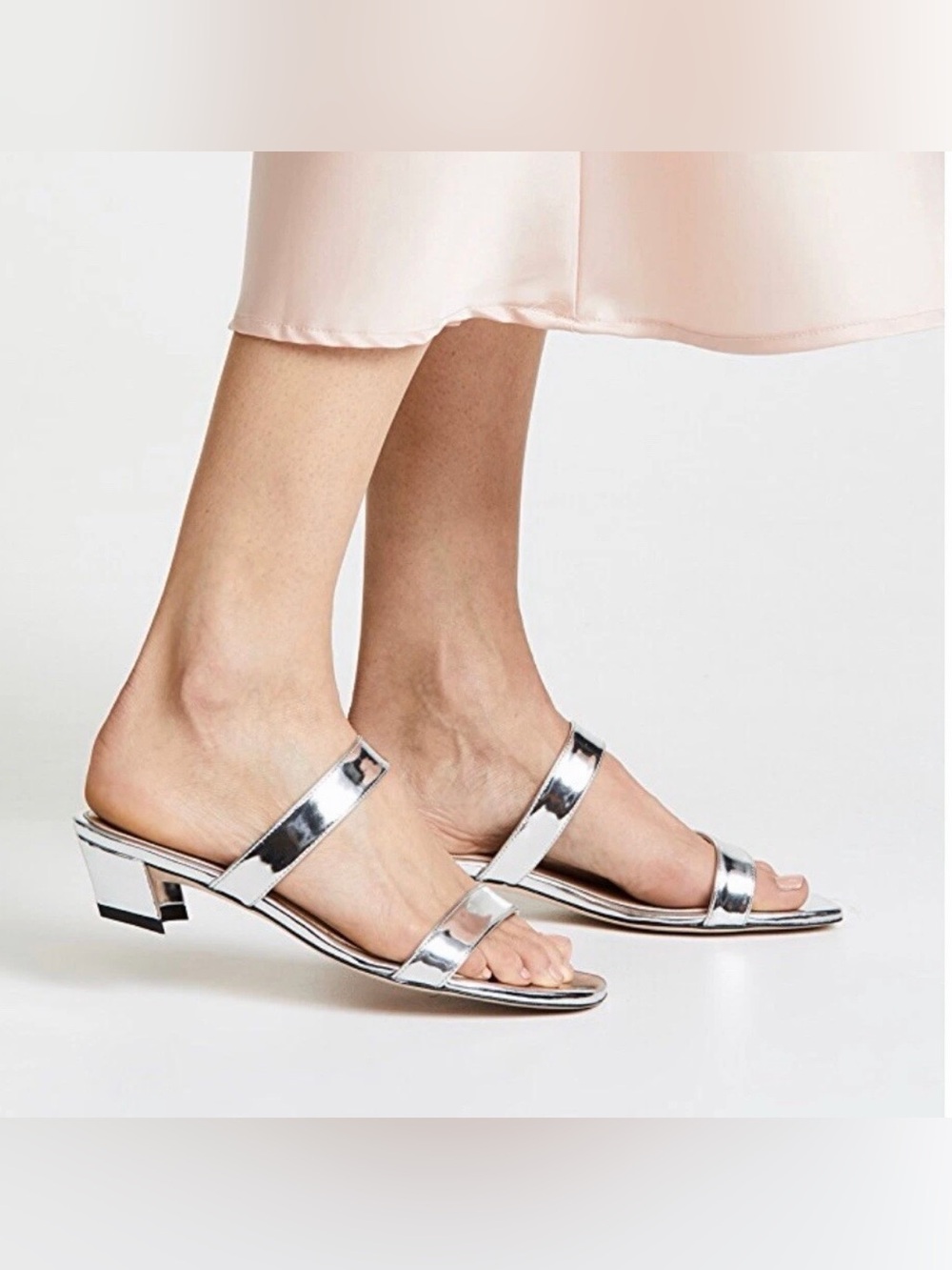 Stuart Weitzman THE AVA Specchio Silver Metallic Block Heel Slide Sandals sz 9.5
